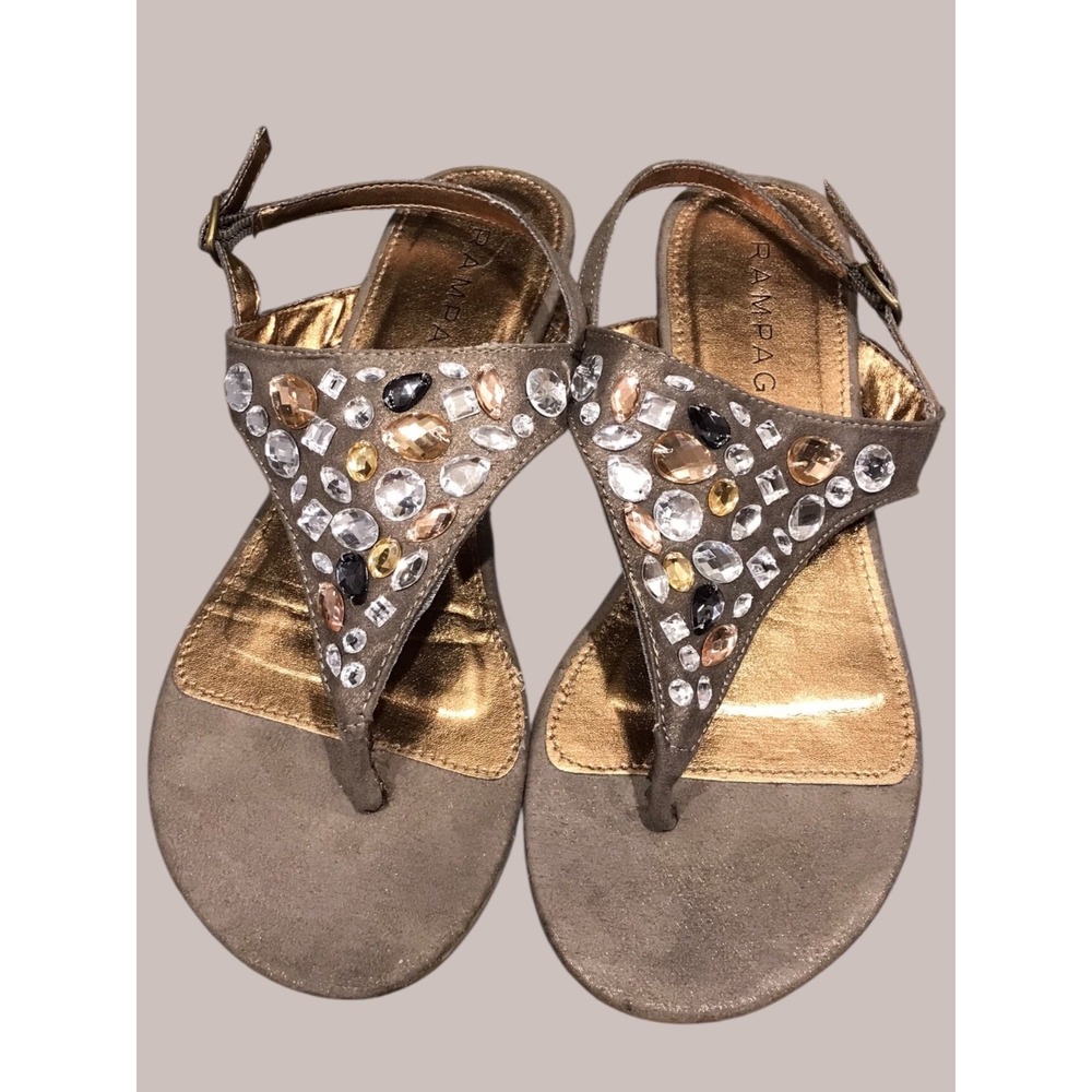 Vintage Y2K Womens Rampage jeweled rhinestone bronze thong sandals sz 8.5 w/box‎